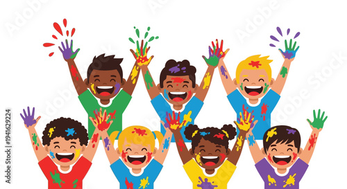 Children joyfully celebrating with vibrant colorful paint splatters on their faces