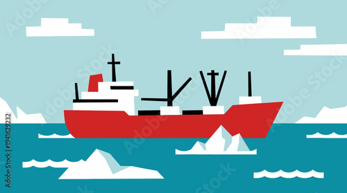 Red cargo ship sailing through icy waters with floating icebergs.