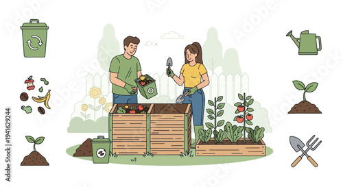 Couple Composting Organic Waste in Wooden Compost Bins.