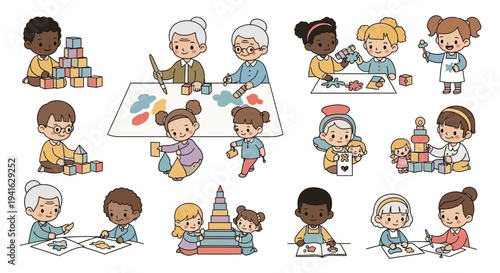 Diverse group of children happily engaged in various playful activities