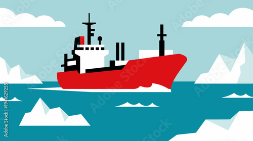 Red cargo ship navigating through icy waters with floating icebergs.