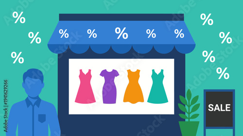 Colorful dresses on sale in a shop window with discount signs.