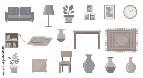 Collection of Modern Home Interior Furniture and Decor Elements.