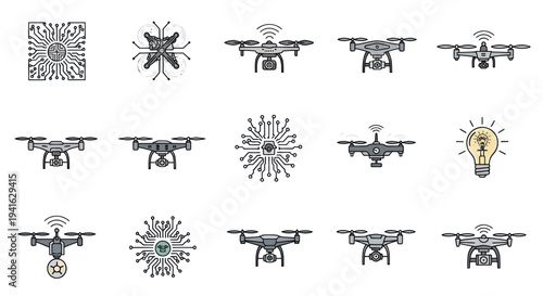 Collection of Modern Drone Icons with Technology and Circuit Board Elements.