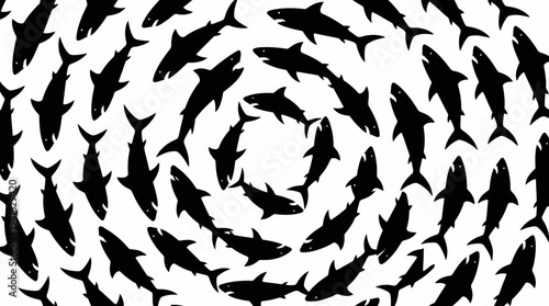 Black sharks arranged in a spiral pattern on white background.