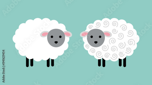 Two cartoon sheep standing side by side on a teal background.