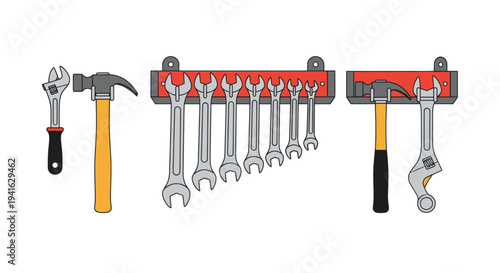 Assortment of Hand Tools Including Wrenches Hammer and Ratchet Wrench on Wall Racks.
