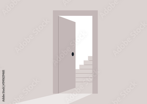 An open door stands ajar, casting soft shadows on the floor, leading to a staircase that beckons curiosity, The simplicity of the setting invites contemplation and wonder.