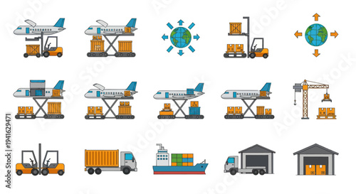 Global logistics and freight transportation icon set with airplane ship truck and warehouse illustrations.