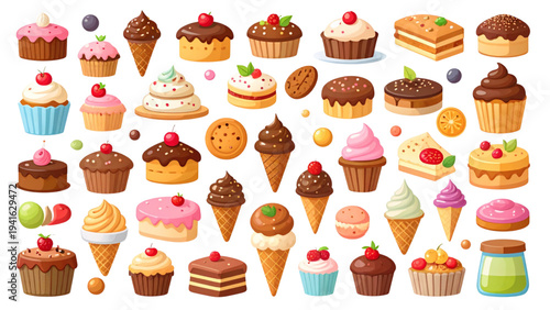Colorful Dessert and Sweet Food Icon Set – Cakes, Ice Cream, Cookies, Candy & Jars – Cute Flat Cartoon Vector Collection