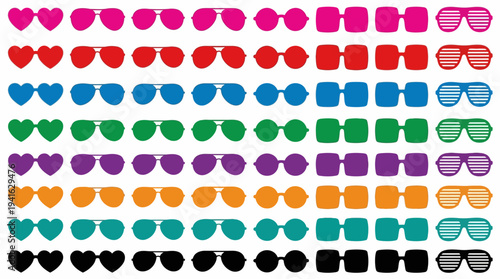 Assorted colorful sunglasses and eyewear collection.
