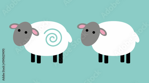 Two cartoon sheep standing on a teal background.