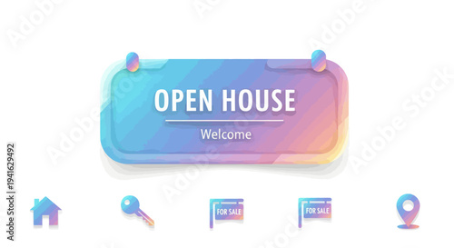 Open House Colorful Sign with Text and Icons Real Estate Advertisement.