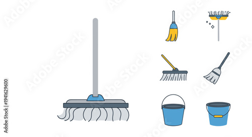 Collection of cleaning tools including mops brooms and buckets.