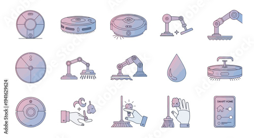 Automated Cleaning Robots and Robotic Arms Icon Set.