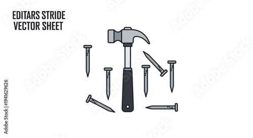 A silver claw hammer with a dark handle surrounded by several metal nails.