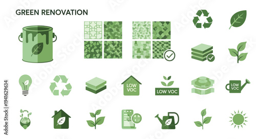 Green renovation icon set for eco-friendly home improvement sustainable building and environmental conservation concepts.