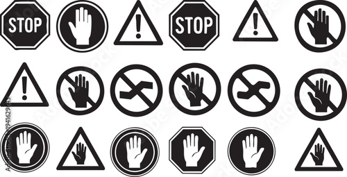 Standardized safety hand gestures and warning symbols for stop, prohibition, and caution indicators