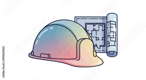 Construction Helmet and Blueprint: Engineering and Safety Equipment.
