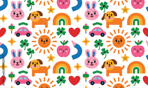 Colorful cartoon pattern with cute animals and symbols for kids