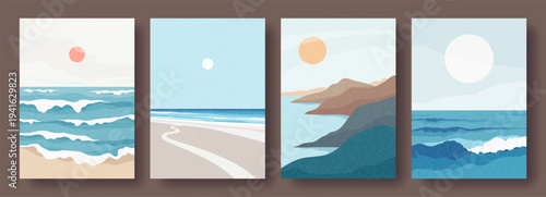 Colorful set of simple summer posters with sea or ocean, beach, mountains, waves, sun. Abstract landscape illustrations, vacation and travel concept. Minimal design for cover, poster, card, banner
