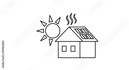 Simple line drawing of a house with solar panels and a shining sun