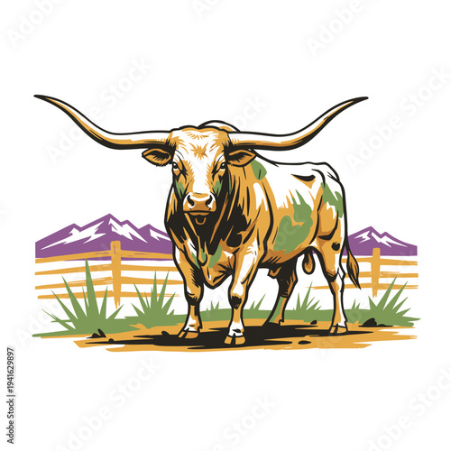 Longhorn bull illustration for apparel. Western ranch graphic design. Texas Longhorn artwork for t-shirt. Cattle and mountains poster design. Farm ani