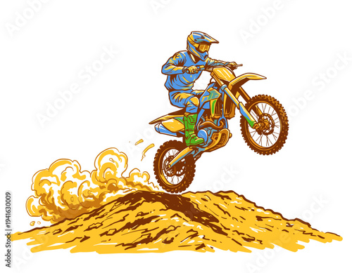 Motocross rider vector design. Dirt bike jumping. Extreme sport action. Off road adventure. Racing thrill.