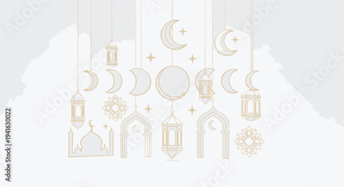 Golden islamic ornaments and celestial bodies hang against a white backdrop