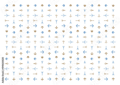 手描きの鳥の足跡のモチーフが並んでいる青と茶色のおしゃれな背景素材