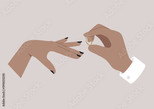 In a heartwarming scene, one hand gently places a golden ring on another hand, symbolizing devotion and love, The elegant fingers show anticipation and joy, celebrating a new beginning together.