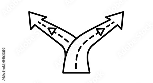 Black and white line art illustration of a road splitting into two different paths with arrows indicating forward direction.