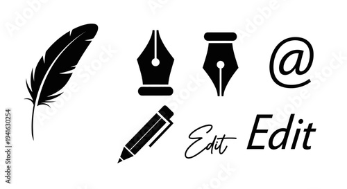 Collection of writing and editing icons featuring a feather quill, fountain pen nibs, pencil, at symbol, and 'Edit' text in various styles.