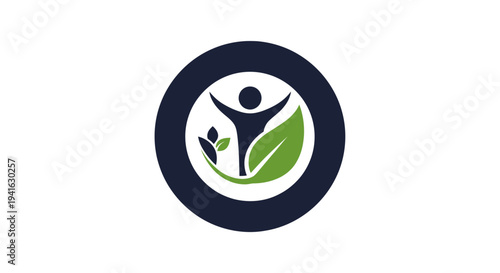 A circular logo featuring a stylized human figure with raised arms, a large green leaf, and a small plant sprout, all enclosed within a dark blue ring, symbolizing health, nature, and well-being.
