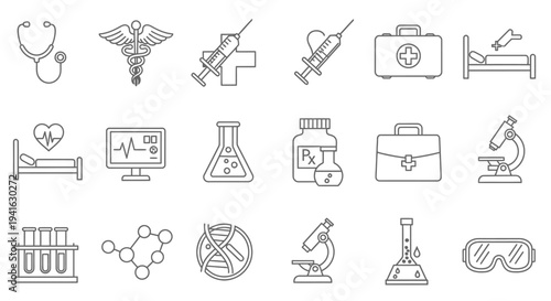 Collection of outline icons representing various medical and scientific instruments, symbols, and concepts.