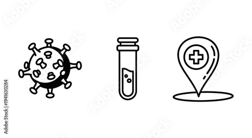 Line art icons representing virus, medical test tube, and hospital location, symbolizing disease testing and healthcare services.