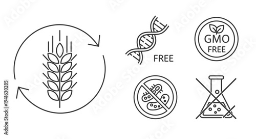 Line icons representing natural, organic, GMO-free, and chemical-free food products and genetic modification concepts.