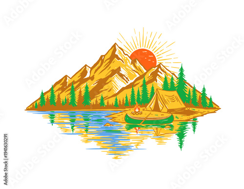 Mountain illustration, outdoor adventure. Camping life graphic for t-shirt. Lake with mountains and forest. Retro camping artwork. Sunrise wilderness