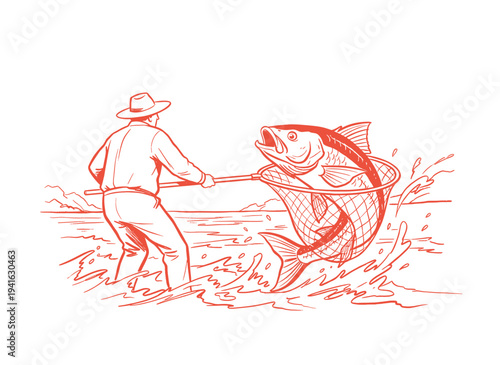 Fisherman catching fish artwork. Big fish in net illustration. Vintage fishing design. Outdoor adventure graphic. Great catch for t-shirt print.