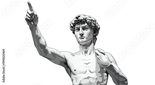 A grayscale depiction of michelangelo s david statue with raised hand