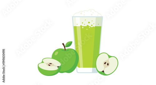 A vibrant green apple juice with fresh apples and sliced pieces