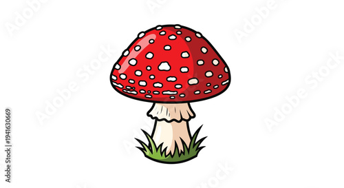 A colorful cartoon illustration of a classic red and white spotted mushroom