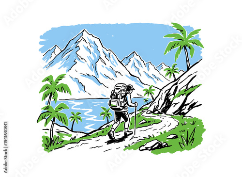 Mountain hike adventure artwork. Hiker with backpack and poles. Tropical mountains and lake. Outdoor exploration graphic. Nature trekking illustration