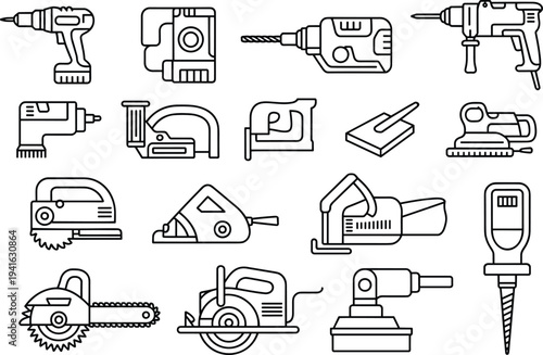 Professional power tools and construction equipment vector icon set featuring minimalist line art of drills saws and sanders.