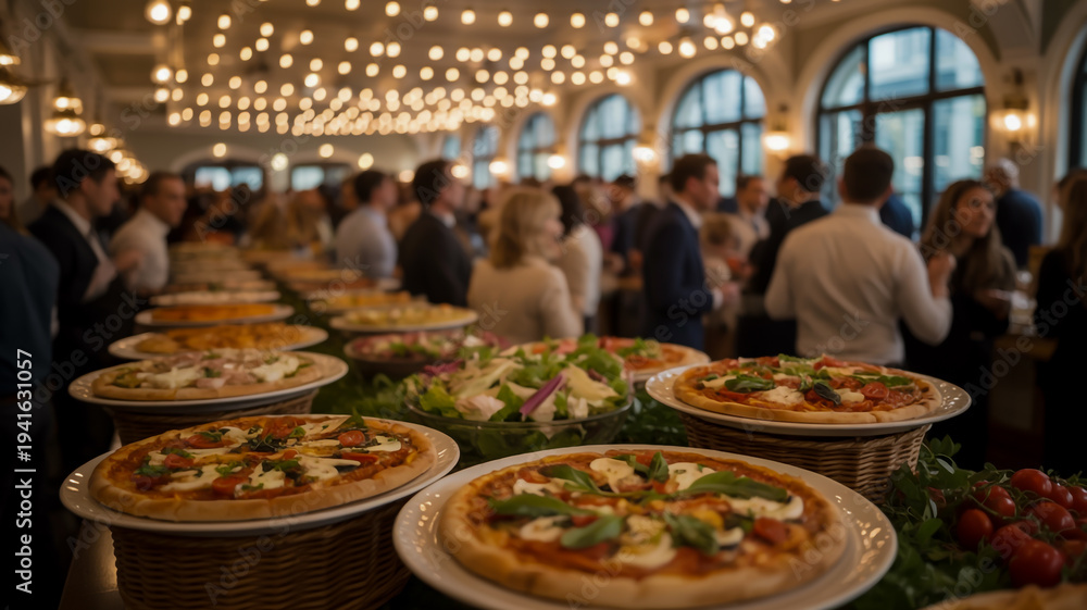 Fototapeta premium A grand buffet featuring a variety of pizzas and salads in an elegant hall