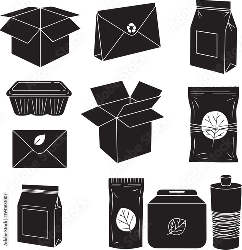 Vector illustrations of various eco-friendly packaging materials including cardboard boxes, envelopes, bags, and containers isolated on transparent background