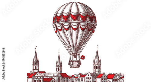 Vintage illustration of a colorful hot air balloon over a cityscape