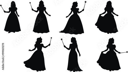 Black silhouette vector illustration set of beautiful fairy tale princesses holding magic wands wearing long gowns isolated on white background.