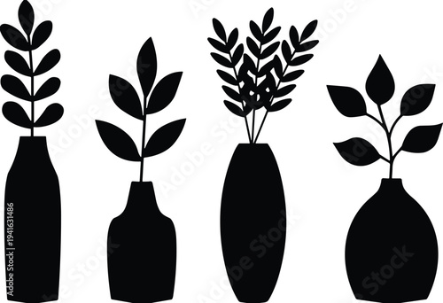 Black silhouette vector illustration set of four potted houseplants with leaves in different vases isolated on a clean white background.