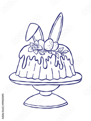 Easter cake doodle illustration. Vector hand drawn holiday pastry decorated with eggs and bunny ears. Spring celebration food, festive cake